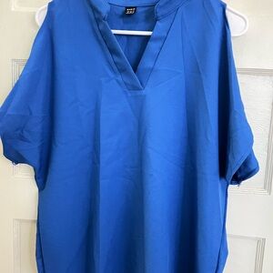 Blue V-Neck Short Sleeve Women's Top